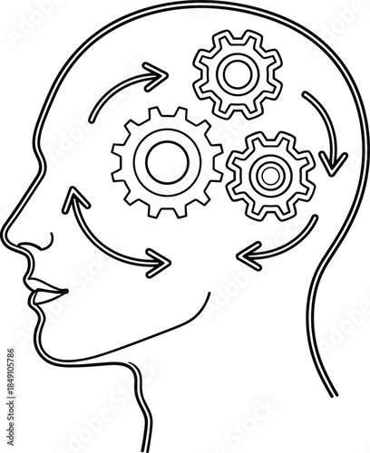 Brain Gears Icon with Arrows Showing Intellectual Progress and Cognitive Process within Human Mind
