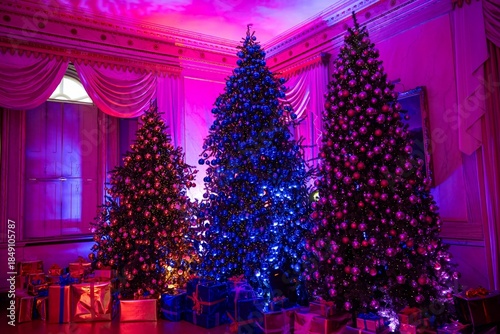 Christmas presents around christmas trees lit up with pink blue and purple baubles