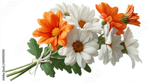 A bouquet of flowers with orange and white daisies. The flowers are arranged in a way that they are all facing the same direction