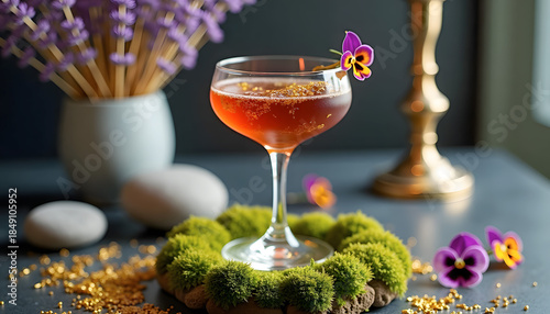 Elegant cocktail in a coupe glass garnished with an edible flower, set on a mossy base with golden glitter and lavender in the background