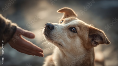 Loyal dog looking at human hand with trust and curiosity