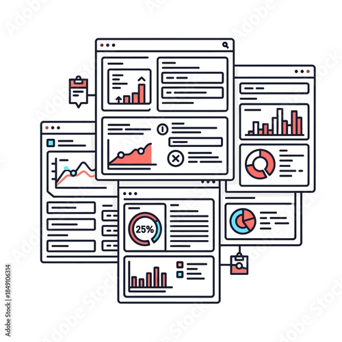 Multiple overlapping browser windows displaying various data visualizations, charts, and graphs for business analytics and reporting.