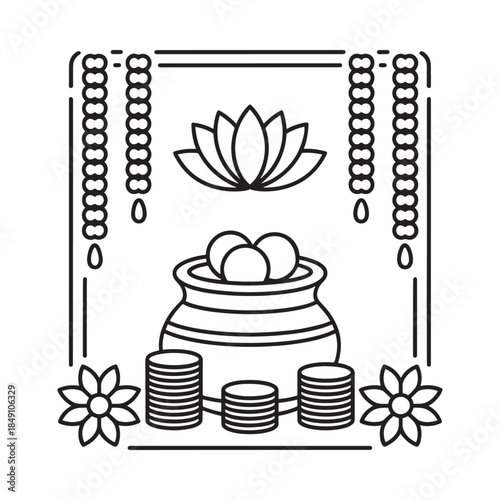 Line art illustration of a lotus flower pot coins and floral decorations