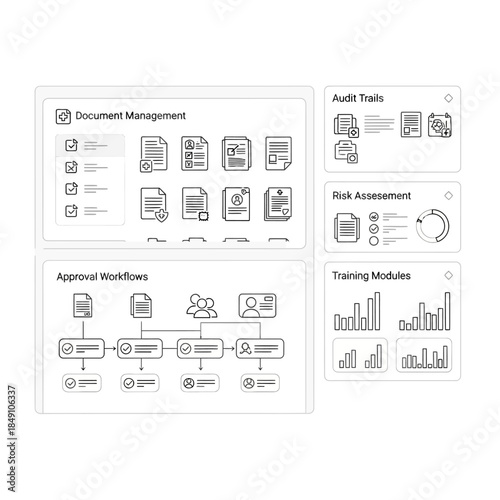 A comprehensive overview of business process management modules including document management, approval workflows, audit trails, risk assessment, and training.