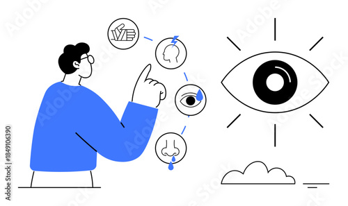 Human senses concept. Human senses ed through touch, hearing, and smell, with a central focus on vision. Human senses enhance understanding, perception, and awareness. For healthcare education