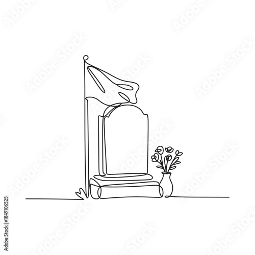 A continuous line drawing of a tombstone with a flag and flowers