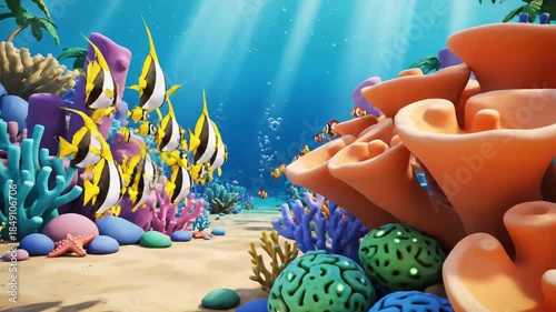 Underwater scene with colorful fish and coral reefs cartoon style marine life ocean
