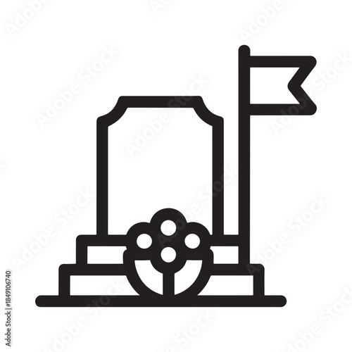 A simple black and white illustration of a grave with flowers and a flag