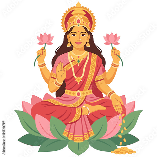 Illustration of a Hindu goddess sitting on a lotus flower with pink petals and green leaves, holding two pink flowers in her hands, wearing a pink and gold sari, jewelry, and a crown, with