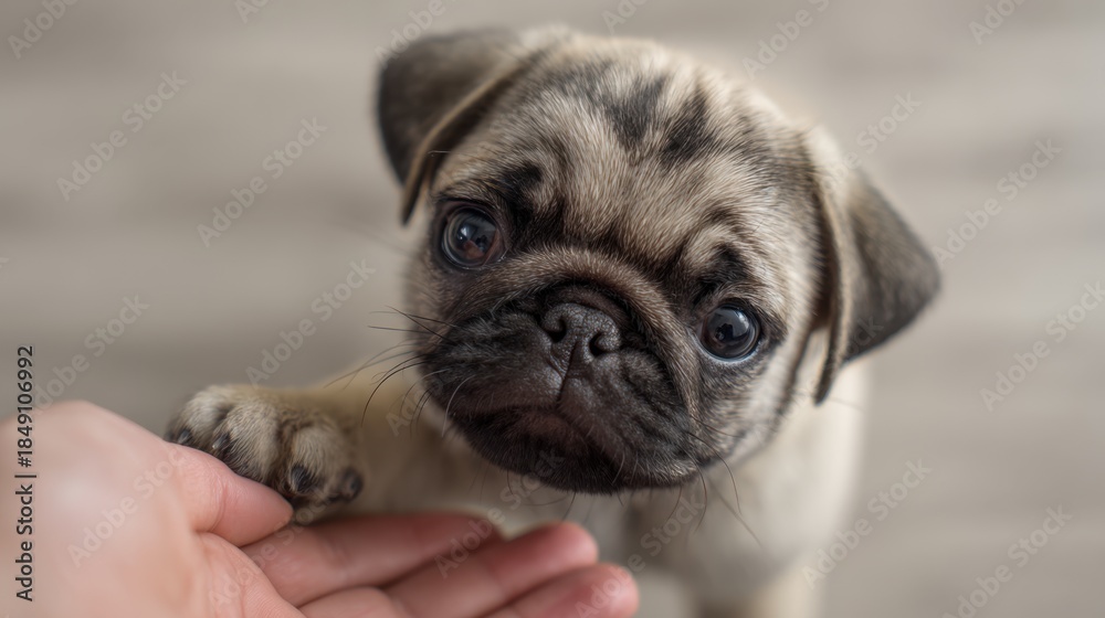 Obraz premium Adorable pug puppy with paw on human hand in heartwarming gesture,National Hug Your Puppy Day
