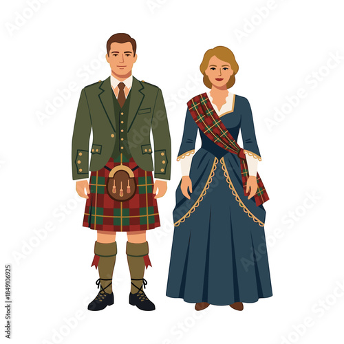 Illustration of a man and woman wearing traditional Scottish Highland attire with kilts and tartan patterns on a plain white background.