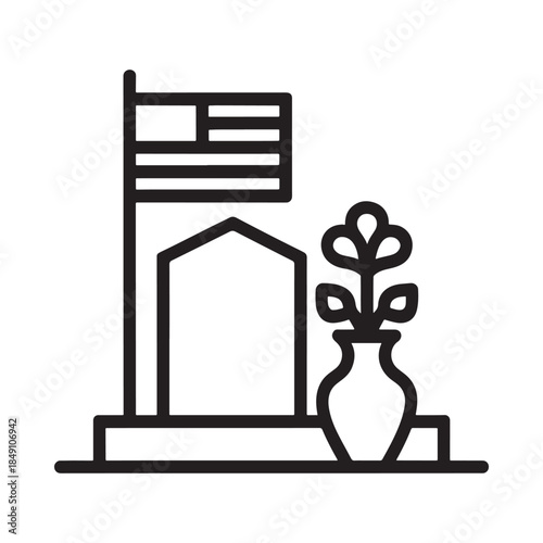 Simple line art illustration of a tombstone with flowers and an american flag