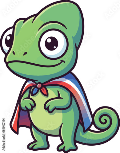 A green cartoon chameleon wearing a colorful cape standing alone