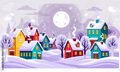 Magical twilight winter village with snowy houses under a purple moonlit sky.