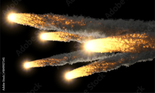 Dramatic cosmic illustration of meteors or fireballs falling from the night sky.
