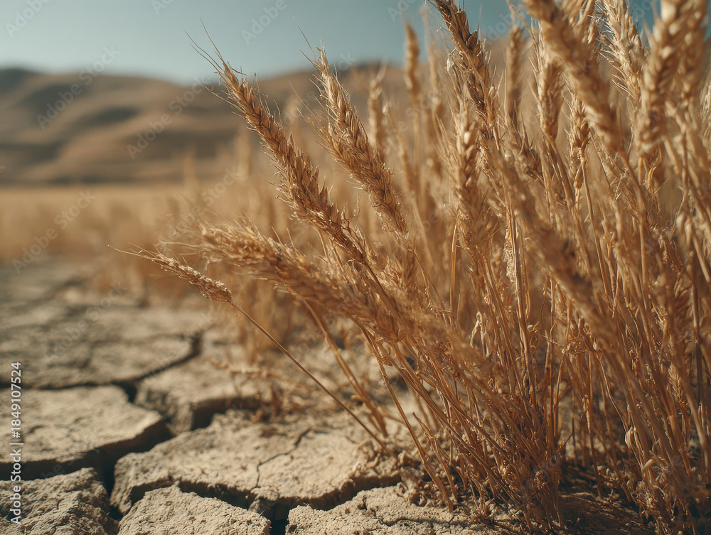 Obraz premium Golden wheat growing on dry cracked earth under blue sky with distant hills in the background, showcasing the contrast of nature and drought-affected land in summer season.
