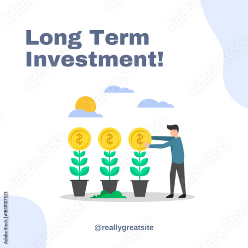 High-growth financial concept of long-term investment strategy with money trees and investor.