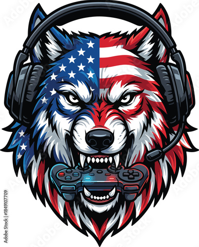 American wolf wearing headphones and holding a gaming controller