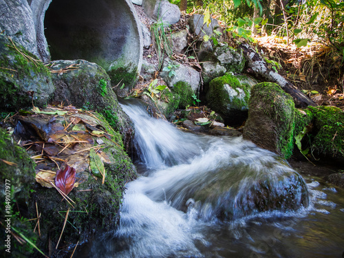 A trickle of water from a concrete pipe into nature
