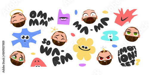 Baby Male Emotion Sticker Set with Expressive Faces, Abstract Color Shapes and Text Labels, Showing Meditation, Joy, Anger, Fear, Sadness and Playful Feelings for Creative Projects
