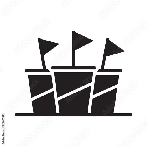 A simple black and white illustration of a stadium with three flags