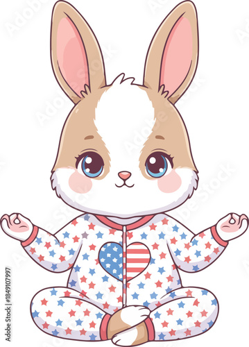 cartoon bunny wearing star patterned onesie sitting in lotus position