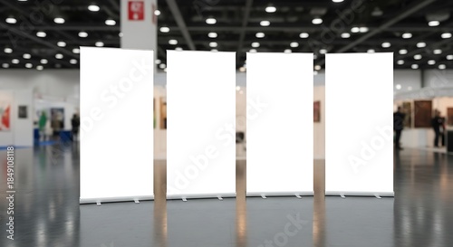 Four blank roll up banner stands in a trade show or exhibition hall, providing a space to showcase marketing messages and attract attention
