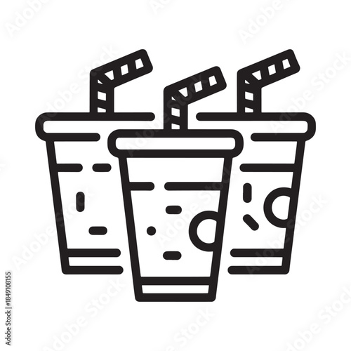 Three drinks with straws in disposable cups a simple black and white illustration