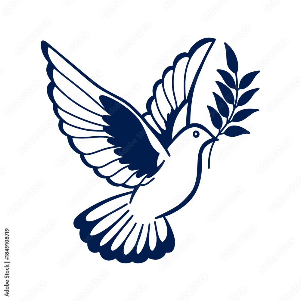 Obraz premium Dove of Peace carrying an olive branch isolated illustration. Blue drawing, symbolizing hope, freedom, peace, and Christianity. Ideal for religious, international, or social awareness projects.
