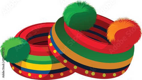 Colorful striped hats with pom poms in green red and orange