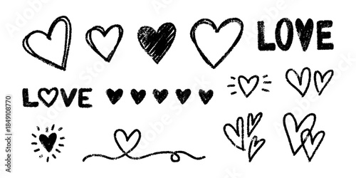 Black textured elements set related to love. Includes various hand drawn chalk crayon hearts and word LOVE in doodle scribble style. Perfect for Valentine's Day, weddings, romantic themes.