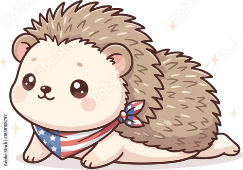 Cute cartoon hedgehog wearing american flag bandana and bow tie