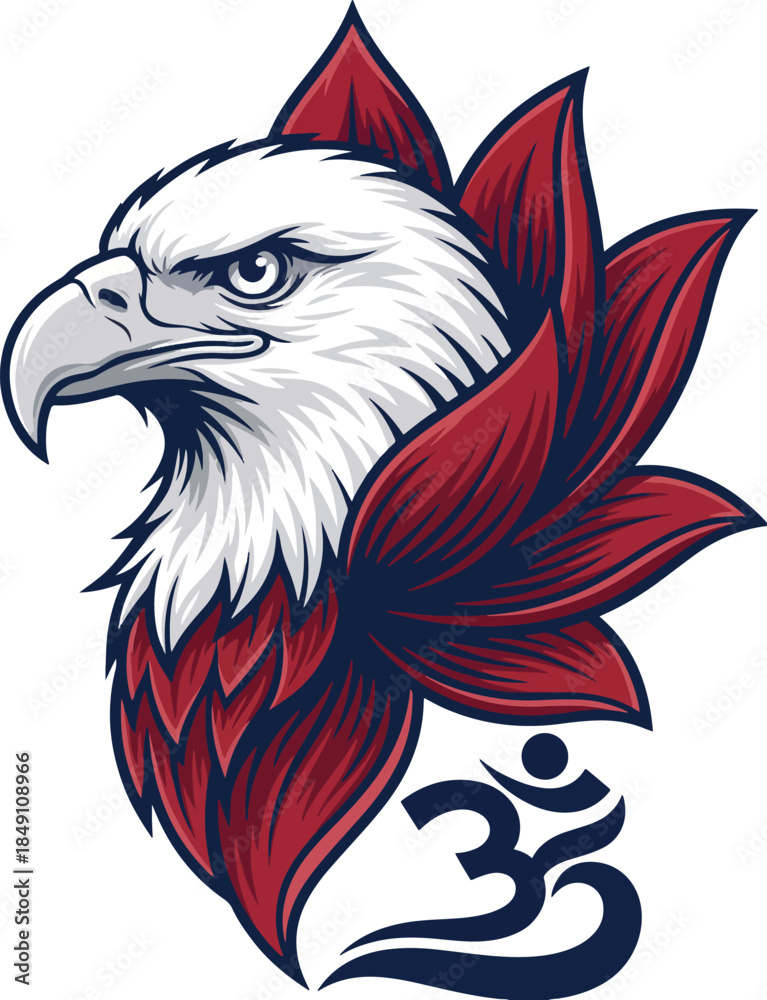 Obraz premium Eagle head with red lotus flower and om symbol illustration