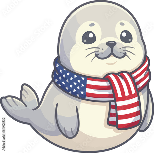 Cute seal wearing American flag scarf smiling  holiday theme