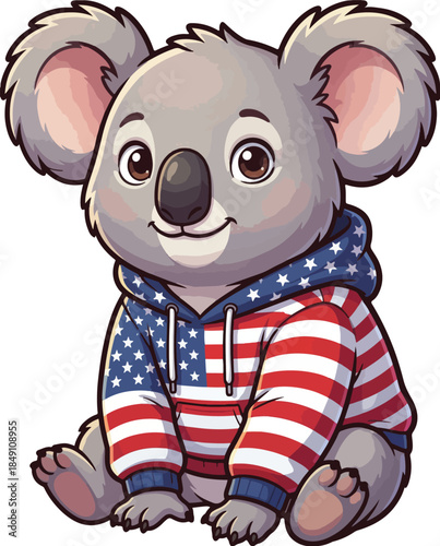 Cute cartoon koala wearing American flag hoodie sitting down looking happy
