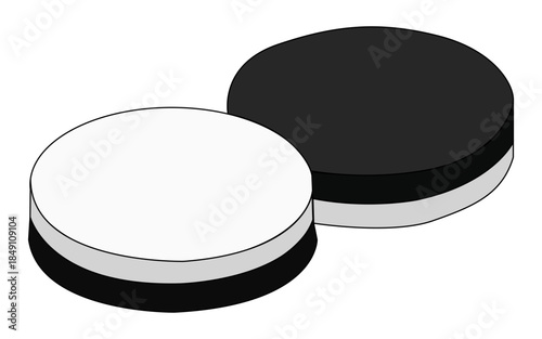 Two isometric checker pieces one black one white on on white background