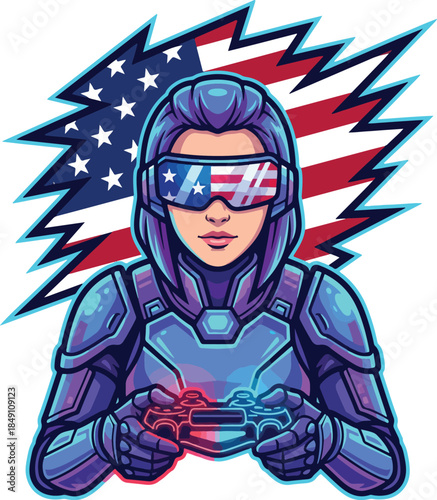 Woman in futuristic space suit holding video game controller with American flag design
