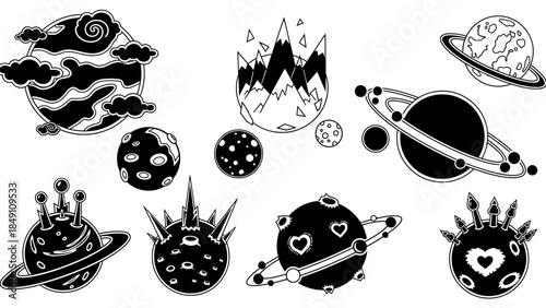 Set of black and white cat silhouettes featuring floral patterns and witchy elements for a Halloween tattoo illustration or grunge nature decoration element