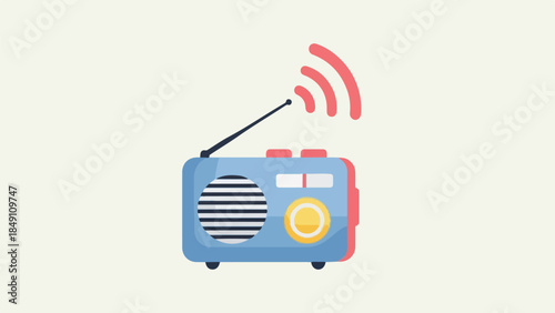 Flat design illustration of a blue vintage radio with red antenna and signal waves on a pale background.
