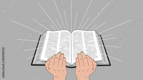 Hands holding an open book with radiant light lines emanating