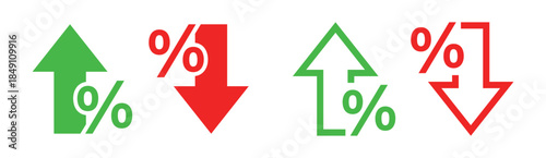 red and green percentage arrows, percentage growth and decline icons set percent arrow up and down, flat and line style symbols collection stock vector