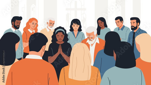 Diverse group of people gathered in prayer together