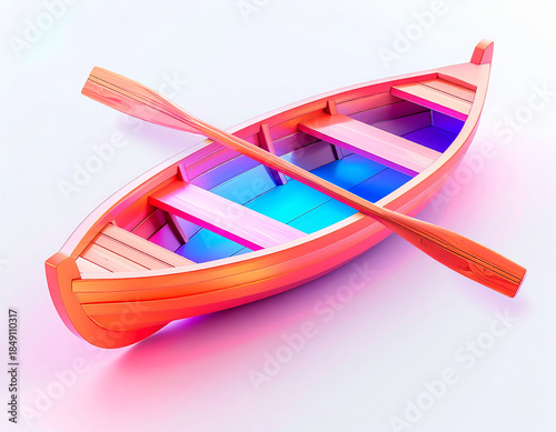 Stylized wooden rowboat with two oars, vivid pink‑orange‑purple‑blue gradient interior and wood grain details, surreal 3D render evoking nautical, artistic, and leisure themes.