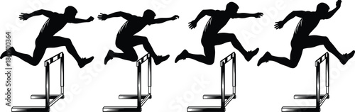 Athlete hurdling sequence silhouettes illustration, man jumping over hurdles in motion, track and field training sport concept vector isolated black design