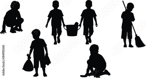 Children helping with household chores silhouettes illustration, kids cleaning carrying bucket sweeping floor, responsibility teamwork concept vector isolated black design