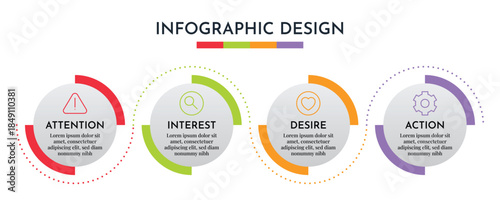 AIDA Model Progress Circle Info graphic Showing Attention Interest Desire Action Marketing Development Flat Vector Illustration
