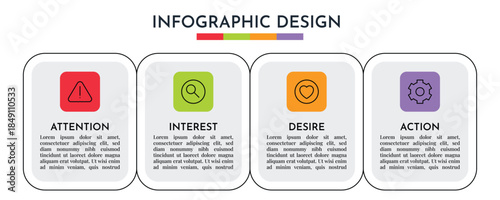 AIDA Model Square Icon Infographic Explaining Attention Interest Desire Action Marketing Concept Flat Vector Illustration