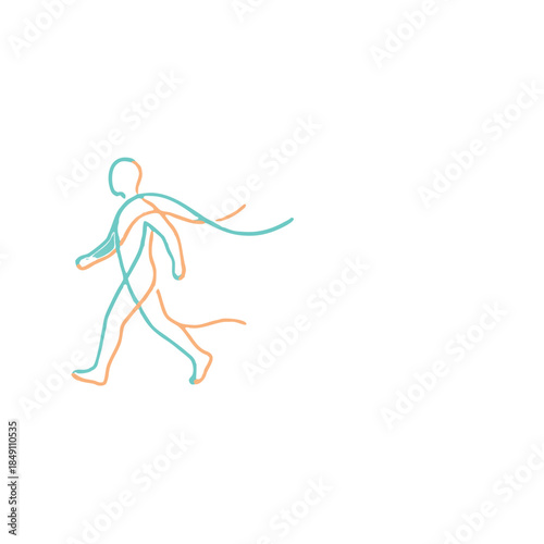 Minimalist vector logo of walking person formed by intertwined teal and orange lines, symbolizing movement and rehabilitation on white background