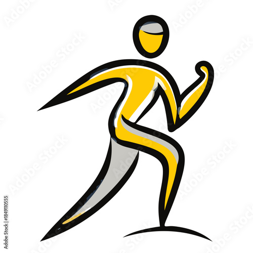 Minimalist vector logo of abstract running person in dynamic pose, navy blue and yellow lines on white background