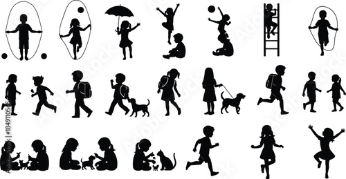 Children playing activities silhouettes illustration, kids running jumping skipping walking pets, childhood lifestyle motion poses collection vector isolated black design